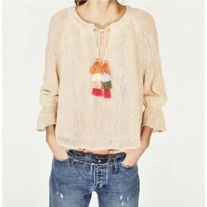 Zara Trafaluc Tassel Tie Neck Boho Peasant Small Bell Sleeve Mesh Top Blouse XS